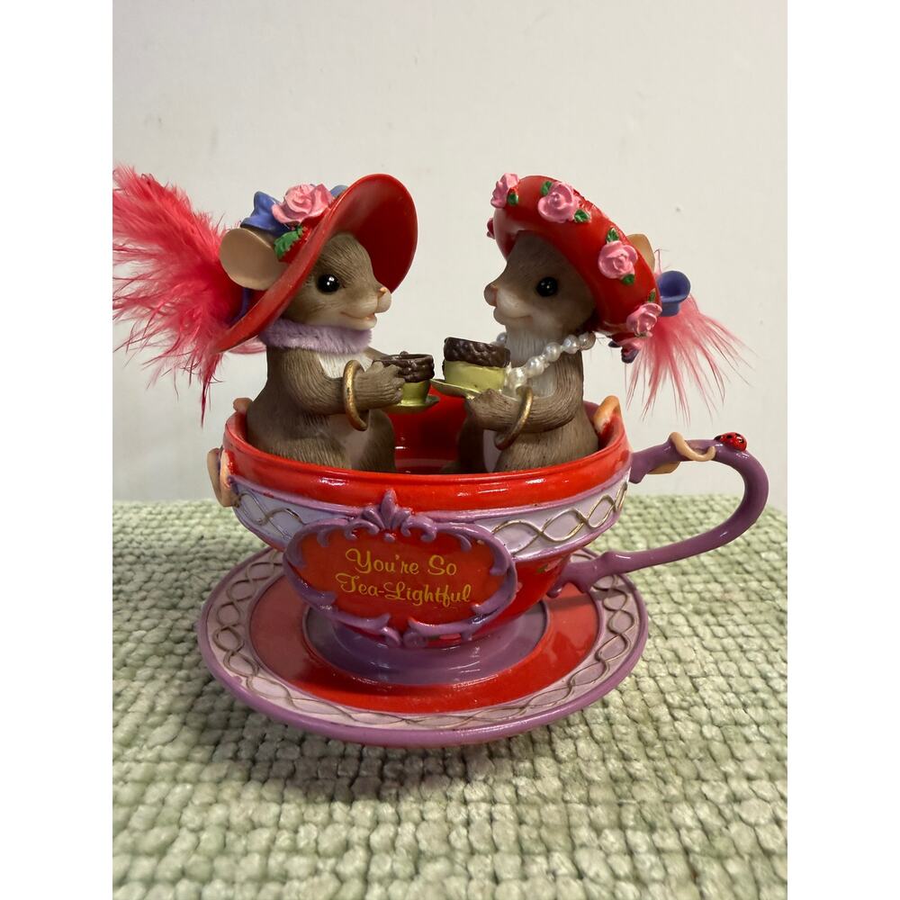 Red Hat Mice Teacup Figurine Youre So Tea Lightful Mouse Decor